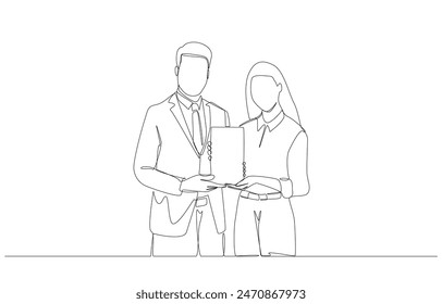 Continuous one line drawing of outstanding employee receiving award plaque from manager, performance award ceremony concept, single line art.