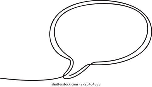 Continuous one line drawing of an oval speech bubble with a pointed tail. Minimalist elliptical shape for conversation, text, or dialog. Modern single line art style vector graphic element illustration. Minimal linear talking box icon on transparent background for user interface.
