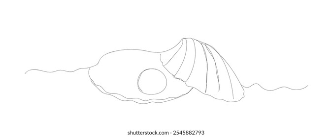 Dibujo continuo de una línea de un molusco ostra. Abre la cáscara de la perla. Icono o logotipo de insignia minimalista moderno con Formas de color abstracto.  Vector hecho a mano, no IA.