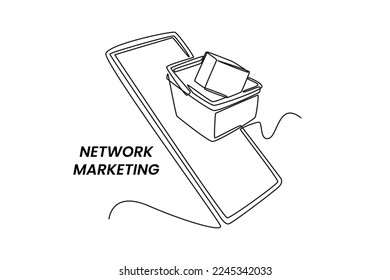 Continuous one line drawing package box in the shopping cart floats on the smartphone screen. Online shopping Concept. Single line draw design vector graphic illustration.