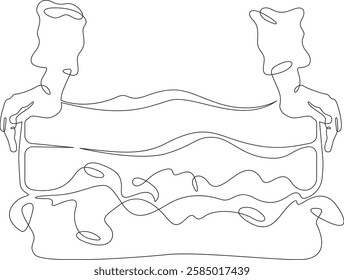 Continuous one line drawing packing luggage. Hands closing a suitcase. Packing for vacation. One continuous line isolated minimal illustration.Not AI.