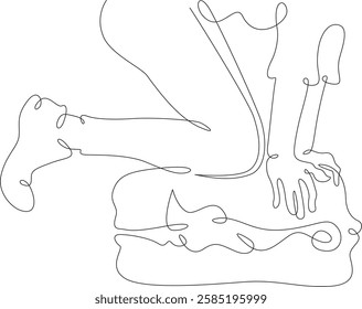 Continuous one line drawing packing luggage. Hands and feet close the suitcase.Packing for vacation. One continuous line isolated minimal illustration.Not AI.