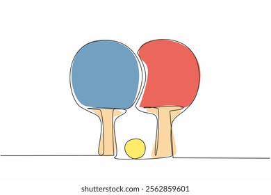 Continuous one line drawing paddle ping pong racket with ball. Set of indoor sports equipment. One-on-one game. Healthy lifestyles. World Table Tennis Day. Single line draw design vector illustration