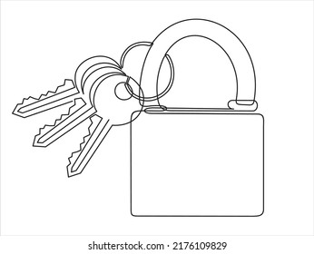 Continuous one line drawing of padlock and keys as business concept of cyber security
 