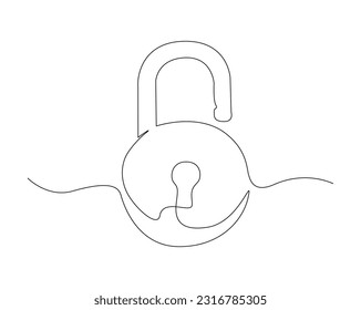 Continuous one line drawing of padlock. Portable lock line art vector illustration. Security and protection concept. Editable stroke.	