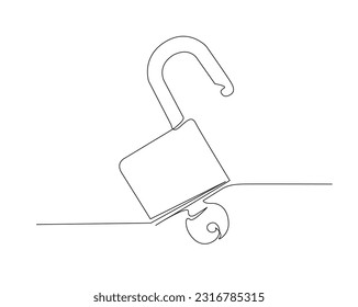 Continuous one line drawing of padlock. Portable lock line art vector illustration. Security and protection concept. Editable stroke.	