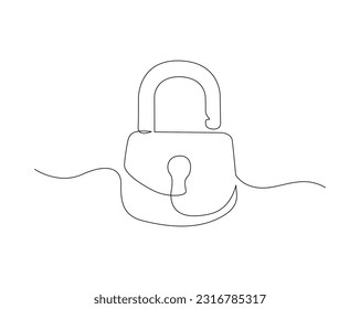 Continuous one line drawing of padlock. Portable lock line art vector illustration. Security and protection concept. Editable stroke.	