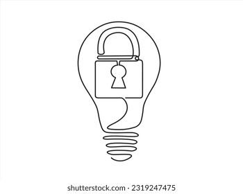 Continuous one line drawing of  padlock inside lighting bulb, idea protection hand drawn 