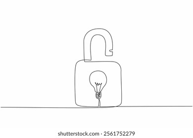 Continuous one line drawing a padlock with a light bulb in the middle. Works originating from ideas protected by patents. World Intellectual Property Day. Single line draw design vector illustration