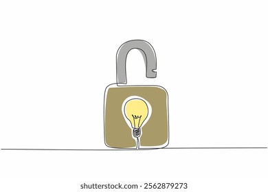 Continuous one line drawing a padlock with a light bulb in the middle. Works originating from ideas protected by patents. World Intellectual Property Day. Single line draw design vector illustration