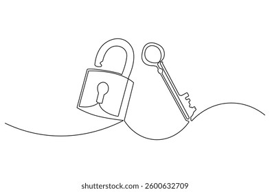 Continuous one line drawing of padlock with key. Single line drawing illustration Key and padlock . Security concept vector art. Doodle line illustration. 
