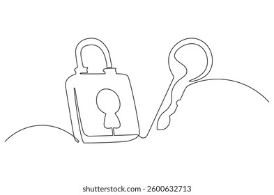Continuous one line drawing of padlock with key. Single line drawing illustration Key and padlock . Security concept vector art. Doodle line illustration. 
