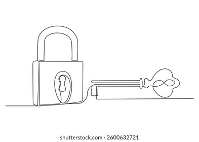 Continuous one line drawing of padlock with key. Single line drawing illustration Key and padlock . Security concept vector art. Doodle line illustration. 
