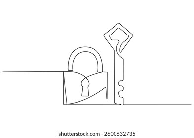 Continuous one line drawing of padlock with key. Single line drawing illustration Key and padlock . Security concept vector art. Doodle line illustration. 
