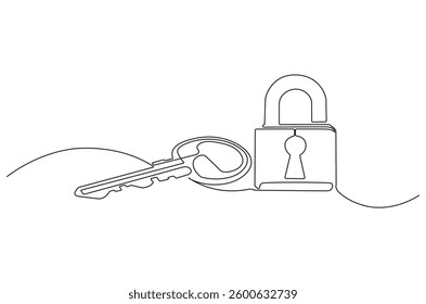 Continuous one line drawing of padlock with key. Single line drawing illustration Key and padlock . Security concept vector art. Doodle line illustration. 
