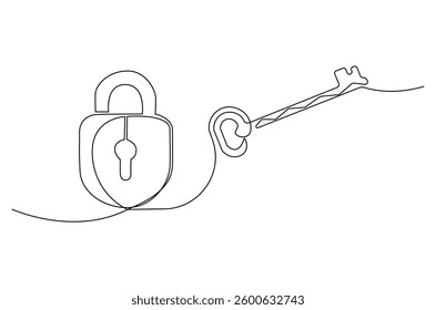 Continuous one line drawing of padlock with key. Single line drawing illustration Key and padlock . Security concept vector art. Doodle line illustration. 
