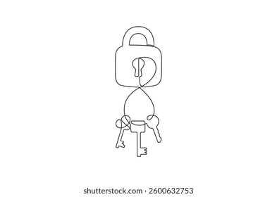 Continuous one line drawing of padlock with key. Single line drawing illustration Key and padlock . Security concept vector art. Doodle line illustration. 
