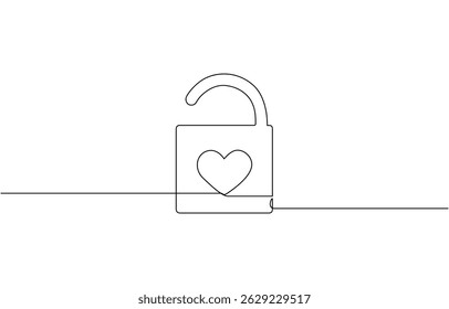 Desenho contínuo de uma linha de um cadeado e símbolo de amor, fechadura portátil com buraco de fechadura minimalista esboço linear preto isolado no fundo branco. Ilustração vetorial.