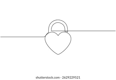 Desenho contínuo de uma linha de um cadeado e símbolo de amor, fechadura portátil com buraco de fechadura minimalista esboço linear preto isolado no fundo branco. Ilustração vetorial.