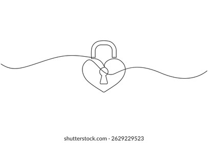 Desenho contínuo de uma linha de um cadeado e símbolo de amor, fechadura portátil com buraco de fechadura minimalista esboço linear preto isolado no fundo branco. Ilustração vetorial.