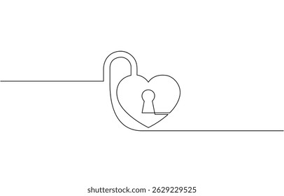 Desenho contínuo de uma linha de um cadeado e símbolo de amor, fechadura portátil com buraco de fechadura minimalista esboço linear preto isolado no fundo branco. Ilustração vetorial.