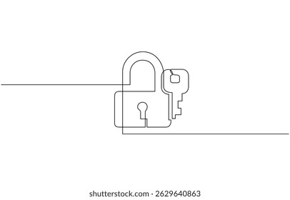 Desenho contínuo de uma linha de cadeado com chave. Ilustração de desenho de linha única Chave e cadeado, Ilustração de vetor estilo Contorno. Ícone de cadeado de linha única.