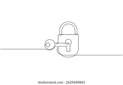 Desenho contínuo de uma linha de cadeado com chave. Ilustração de desenho de linha única Chave e cadeado, Ilustração de vetor estilo Contorno. Ícone de cadeado de linha única.