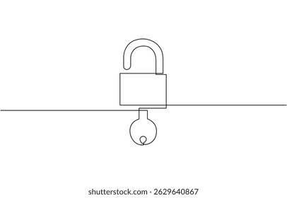 Desenho contínuo de uma linha de cadeado com chave. Ilustração de desenho de linha única Chave e cadeado, Ilustração de vetor estilo Contorno. Ícone de cadeado de linha única.
