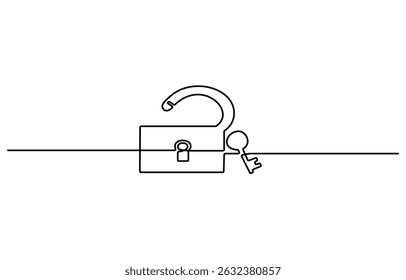 Continuous one line drawing of a padlock and love symbol, Portable lock with keyhole minimalist black linear sketch isolated on white background. Vector illustration.