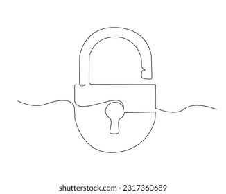 Continuous one line drawing of padlockwith key hole. Portable lock line art vector illustration. Security and protection concept. Editable stroke.	