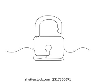 Continuous one line drawing of padlockwith key hole. Portable lock line art vector illustration. Security and protection concept. Editable stroke.	