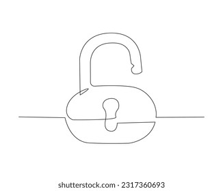 Continuous one line drawing of padlockwith key hole. Portable lock line art vector illustration. Security and protection concept. Editable stroke.	