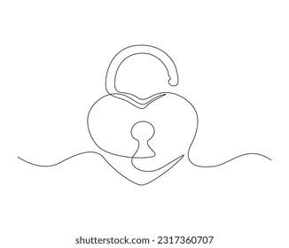 Continuous one line drawing of padlockwith key hole. Padlock shapped love line art vector illustration. Security and protection concept. Editable stroke.	