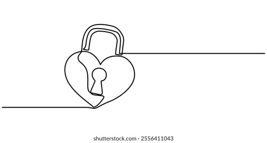 Continuous one line drawing of padlockwith key hole. Padlock shapped love line art vector illustration, Heart lock, Continuous line drawing heart shaped lock. Love concept. Vector illustration, Love.
