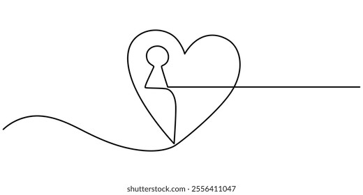 Continuous one line drawing of padlockwith key hole. Padlock shapped love line art vector illustration, Heart lock, Continuous line drawing heart shaped lock. Love concept. Vector illustration, Love.
