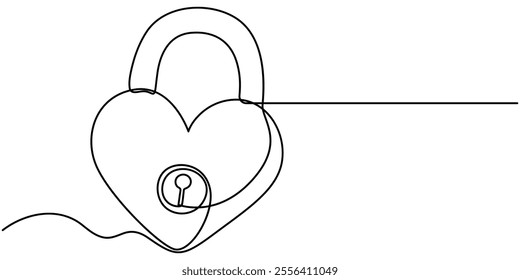 Continuous one line drawing of padlockwith key hole. Padlock shapped love line art vector illustration, Heart lock, Continuous line drawing heart shaped lock. Love concept. Vector illustration, Love.
