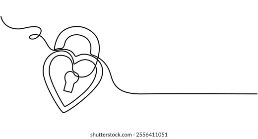 Continuous one line drawing of padlockwith key hole. Padlock shapped love line art vector illustration, Heart lock, Continuous line drawing heart shaped lock. Love concept. Vector illustration, Love.
