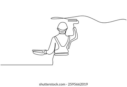 Continuous one line drawing of paint the walls in the room, Painter paints a wall with a roller, worker in uniform one line art.Continuous line drawing of repair, professional, people, concept.