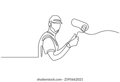 Continuous one line drawing of paint the walls in the room, Painter paints a wall with a roller, worker in uniform one line art.Continuous line drawing of repair, professional, people, concept.