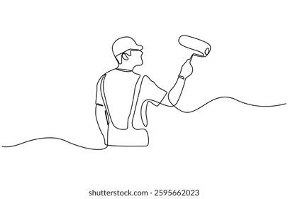 Continuous one line drawing of paint the walls in the room, Painter paints a wall with a roller, worker in uniform one line art.Continuous line drawing of repair, professional, people, concept.