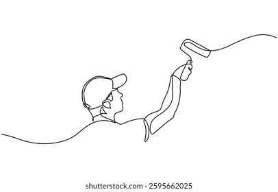 Continuous one line drawing of paint the walls in the room, Painter paints a wall with a roller, worker in uniform one line art.Continuous line drawing of repair, professional, people, concept.