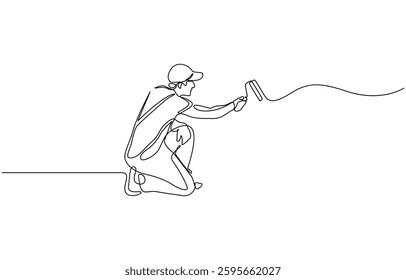 Continuous one line drawing of paint the walls in the room, Painter paints a wall with a roller, worker in uniform one line art.Continuous line drawing of repair, professional, people, concept.