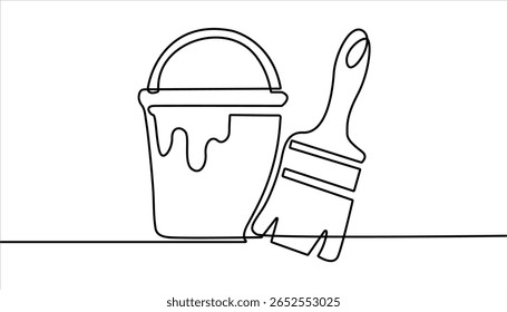 Desenho contínuo de uma linha de pincel de tinta, Construção e reparação. Ilustração do desenho do contorno do pincel de pintura. um desenho de linha contínua do pincel pintor.