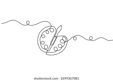 Continuous one line drawing of paint palette and brush minimalist outline art vector design