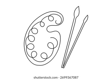 Continuous one line drawing of paint palette and brush minimalist outline art vector design
