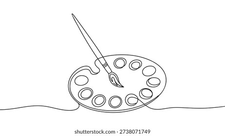 continuous one line drawing of paint palette and brush art creativity concept minimal outline illustration