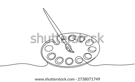 continuous one line drawing of paint palette and brush art creativity concept minimal outline illustration
