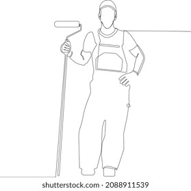 Continuous one line drawing of painter wearing a hat and gloves painting the wall using roller for your design minimal outline. Vector illustration