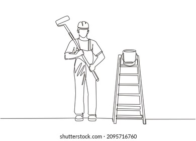 Continuous one line drawing painter man in overalls with a painting roller, with bucket and ladder. Room painter. Handyman. Construction worker. Single line draw design vector graphic illustration