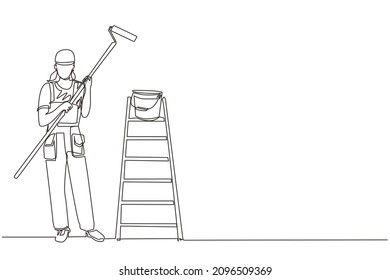 Continuous one line drawing painter woman in overalls with a painting roller, with bucket and ladder. Room painter. Handywoman. Construction worker. Single line draw design vector graphic illustration